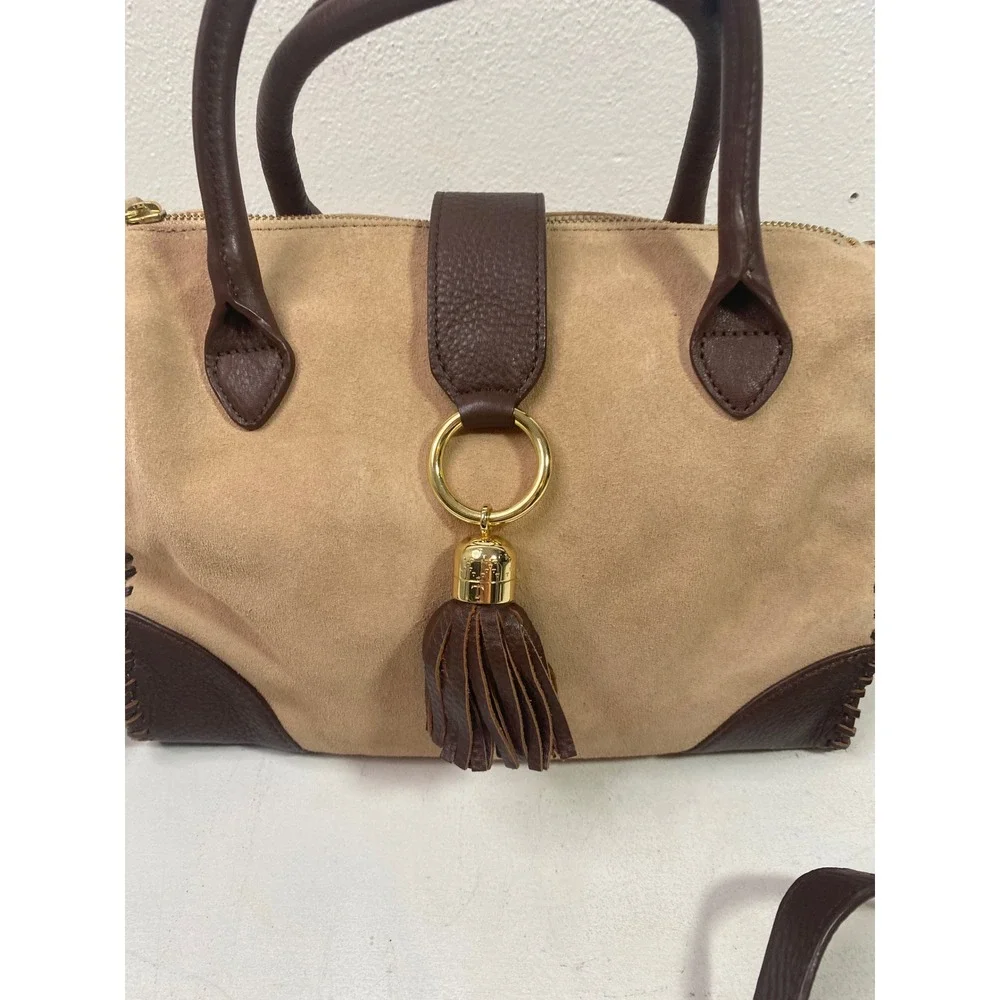 Talbots Tan Suede Brown Leather Whipstitch Tassel Satchel Crossbody Bag Purse